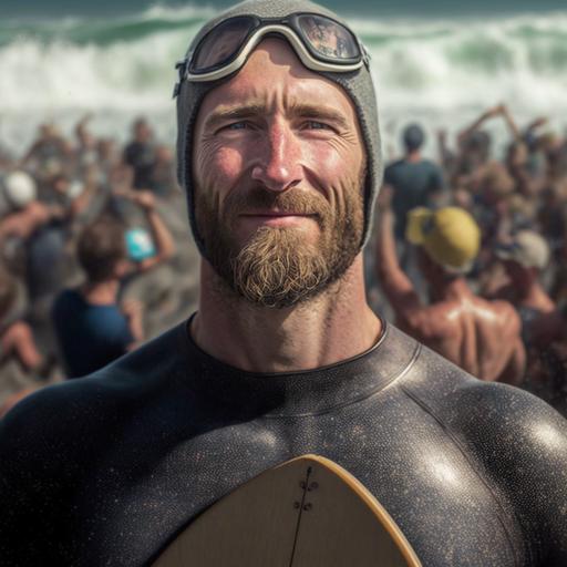 show a full-body man , head to toe surfer, holding a first-place trophy, at the beach, surrounded by a crowd, a paparazzi's, cinematic, hyperrealism, hyperrealistic, hyperdetailed, exquisite detail, intricately-detailed, ultra-detailed photography, high-sharpness, widescreen, HDR, 8k v 4