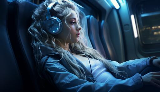 show a futuristic beautiful rebel girl resting on a futuristic train listening to music. photorealistic style. cinematic lighting. --aspect 7:4