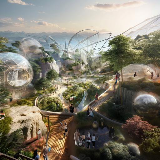 show a landscape using for different Facilities for leisure and physical education and learning about natural physics outdoors and in transparent covered halls in an area surrounded by industrial and residential areas, 3d, in architeltural style