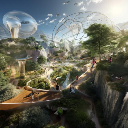show a landscape using for different Facilities for leisure and physical education and learning about natural physics outdoors and in transparent covered halls in an area surrounded by industrial and residential areas, 3d, in architeltural style