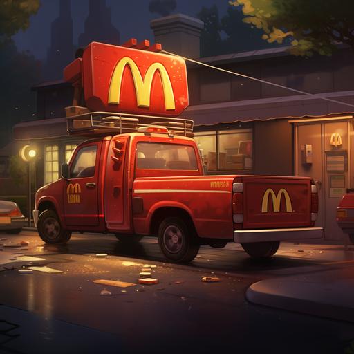 show a macdonalds red pickup truck from the backside