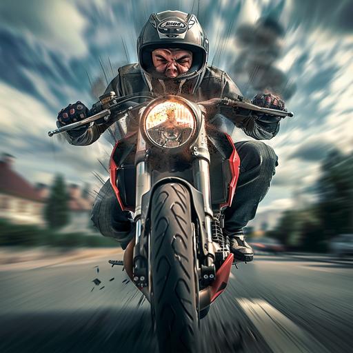 show a motorcycle rider extremely excited and with a lot of expression