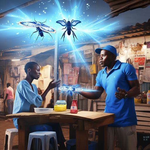 show an animated mosquito being faced off by an animated blue mosquito repellent superhero outside a street food restaurant in Lagos, Nigeria