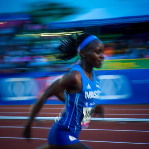 show me a african female track athlete in a blue visa branded jersey running on track, motion blur on face, their should be items related to track in the background like a water bottle or shoe