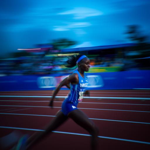 show me a african female track athlete in a blue visa branded jersey running on track, motion blur on face, their should be items related to track in the background like a water bottle or shoe