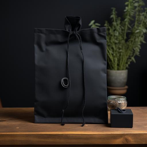 show me a picture of how to pack a premium product using a black gift bag, black paper and a black cotton bag. the product is 30x30 cm