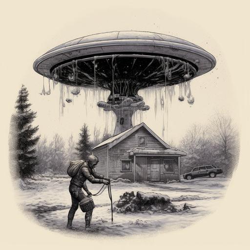 show me a very dirty UFO getting washed in winter weather by a very violent hairidresser wearing a T-shirt featuring nature sketches