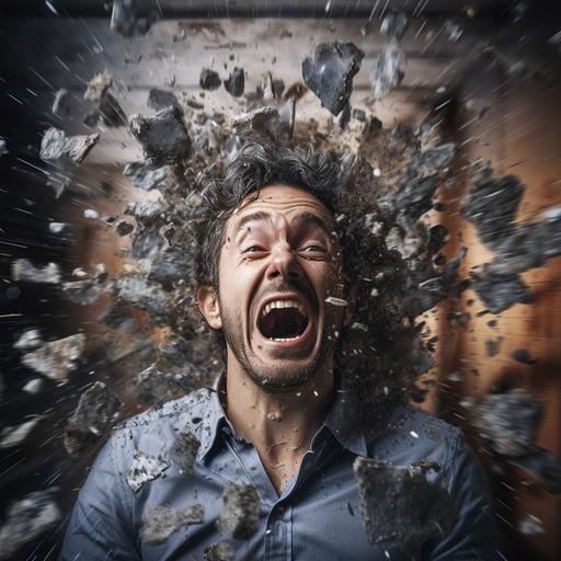 show ultra realistic man in his early 40's with a photo shop style effect of his head crumbling/exploding showing how he is struggling with adhd