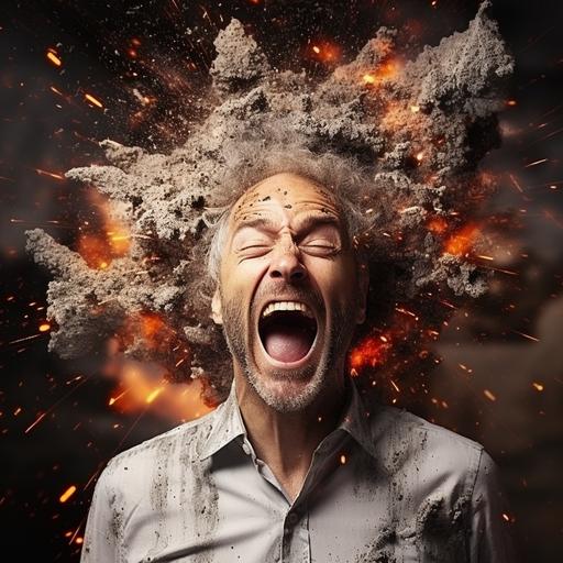 show ultra realistic man in his early 40's with a photo shop style effect of his head crumbling/exploding showing how he is struggling with adhd
