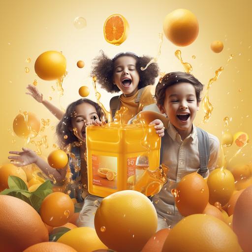 showcase a vibrant advertising post featuring an oversized orange rounded 3d box blocks, accompanied by playful youngsters holding square cubic blocks baloon against a backdrop of splashing juice.
