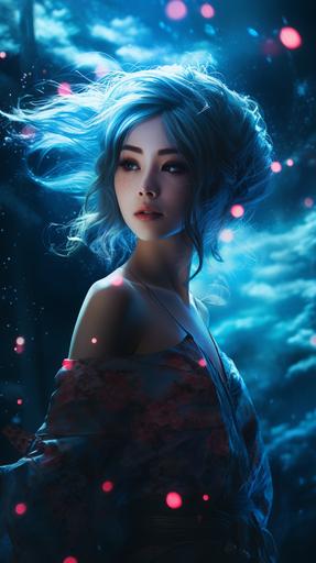 shy geisha layered rendered artwork, 25 years old female wearing fluorescent and creative makeup with lit hair, illustrative portraiture, azure starry night, fantasy forest environment --ar 9:16