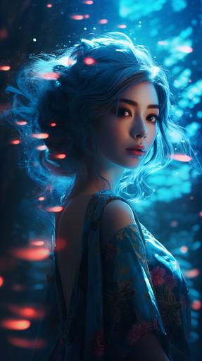 shy geisha layered rendered artwork, 25 years old female wearing fluorescent and creative makeup with lit hair, illustrative portraiture, azure starry night, fantasy forest environment --ar 9:16