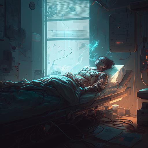 sick person laying in a hospital bed, closer to death than life, cinematic shot, uncomfortable atmosphere, clean atmosphere, sterile, 4k, cinematic lightning, in the style of craig mullins