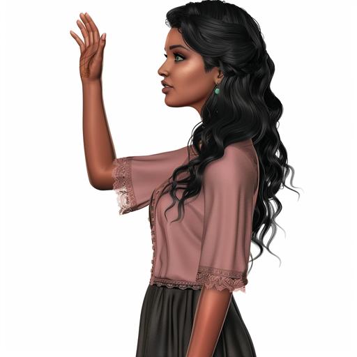 side profil view, beautiful indian woman, matte dark skin, green eyes, wavy black hair on her side, raising her hand, concerned look, cartoon style, cinematic, 4k, digital art, realistic, matt finish, soft colors, 3D, white background