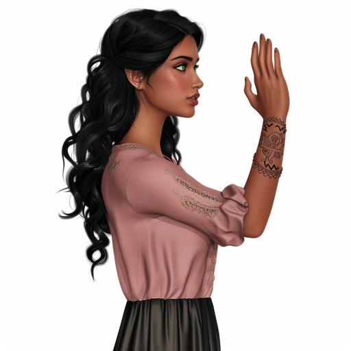 side profil view, beautiful indian woman, matte dark skin, green eyes, wavy black hair on her side, raising her hand, concerned look, cartoon style, cinematic, 4k, digital art, realistic, matt finish, soft colors, 3D, white background