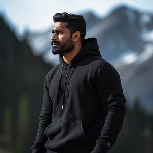 side profile photoshoot of a 6 feet tall rugged looking Indian man wearing high quality, plain black hoodie standing in style. Background is in the snow capped mountains.
