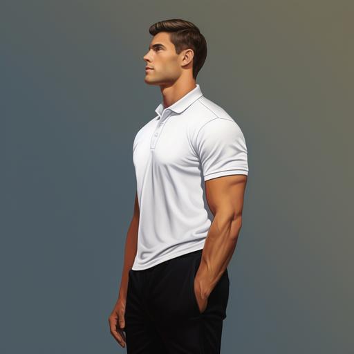 side profile realistic image of a 6 feet tall man standing, wearing high quality, high collared white polo t-shirt and black pants, the background should be grey
