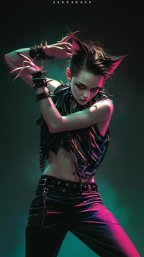 side view movie still full body photoshot of Kristen Stewart, kitty eye make up, eyes with narrow vertical pupils, wearing an ornate black leather top and neon fuchsia skinny pants, as a malicious cat vampire, with little cat ears, in a confident and relaxed pose. With her hands she depicts the gesture of an attacking cat with sharp claws, fingers spread out, with black leather bracelets with steel spikes. Her skin tone is fair, and her toned abdomen is on display, indicating a strong, slender physique. Contemplative expression. Her eyes are gazing off into the distance, giving her a pensive or introspective appearance. Her dark hair is cut short, with bangs partially covering her forehead, and her facial expression is one of cool composure with a touch of nonchalance. Mischievous feline motif. The laid-back yet assertive attitude, with the styling and pose exuding a mix of sporty casualness and edgy fashion. layered gestures, drugcore. iridescent neon light leak dimension, holographic view. Chromatic aberration, dark teal background --ar 9:16 --s 750 --niji 6 --style raw