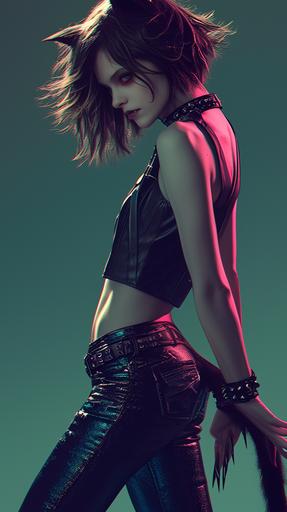 side view movie still full body photoshot of Kristen Stewart, kitty eye make up, eyes with narrow vertical pupils, wearing an ornate black leather top and neon fuchsia skinny pants, as a malicious cat vampire, with little cat ears, in a confident and relaxed pose. With her hands she depicts the gesture of an attacking cat with sharp claws, fingers spread out, with black leather bracelets with steel spikes. Her skin tone is fair, and her toned abdomen is on display, indicating a strong, slender physique. Contemplative expression. Her eyes are gazing off into the distance, giving her a pensive or introspective appearance. Her dark hair is cut short, with bangs partially covering her forehead, and her facial expression is one of cool composure with a touch of nonchalance. Mischievous feline motif. The laid-back yet assertive attitude, with the styling and pose exuding a mix of sporty casualness and edgy fashion. layered gestures, drugcore. iridescent neon light leak dimension, holographic view. Chromatic aberration, dark teal background --ar 9:16 --s 750 --niji 6 --style raw