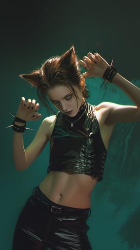 side view movie still full body photoshot of Kristen Stewart, kitty eye make up, eyes with narrow vertical pupils, wearing an ornate black leather top and neon fuchsia skinny pants, as a malicious cat vampire, with little cat ears, in a confident and relaxed pose. With her hands she depicts the gesture of an attacking cat with sharp claws, fingers spread out, with black leather bracelets with steel spikes. Her skin tone is fair, and her toned abdomen is on display, indicating a strong, slender physique. Contemplative expression. Her eyes are gazing off into the distance, giving her a pensive or introspective appearance. Her dark hair is cut short, with bangs partially covering her forehead, and her facial expression is one of cool composure with a touch of nonchalance. Mischievous feline motif. The laid-back yet assertive attitude, with the styling and pose exuding a mix of sporty casualness and edgy fashion. layered gestures, drugcore. iridescent neon light leak dimension, holographic view. Chromatic aberration, dark teal background --ar 9:16 --s 750 --niji 6 --style raw