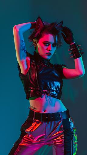 side view movie still full body photoshot of Kristen Stewart, kitty eye make up, eyes with narrow vertical pupils, wearing an ornate black leather top and neon fuchsia skinny pants, as a malicious cat vampire, with little cat ears, in a confident and relaxed pose. With her hands she depicts the gesture of an attacking cat with sharp claws, fingers spread out, with black leather bracelets with steel spikes. Her skin tone is fair, and her toned abdomen is on display, indicating a strong, slender physique. Contemplative expression. Her eyes are gazing off into the distance, giving her a pensive or introspective appearance. Her dark hair is cut short, with bangs partially covering her forehead, and her facial expression is one of cool composure with a touch of nonchalance. Mischievous feline motif. The laid-back yet assertive attitude, with the styling and pose exuding a mix of sporty casualness and edgy fashion. layered gestures, drugcore. iridescent neon light leak dimension, holographic view. Chromatic aberration, dark teal background --ar 9:16 --v 6.0 --style raw