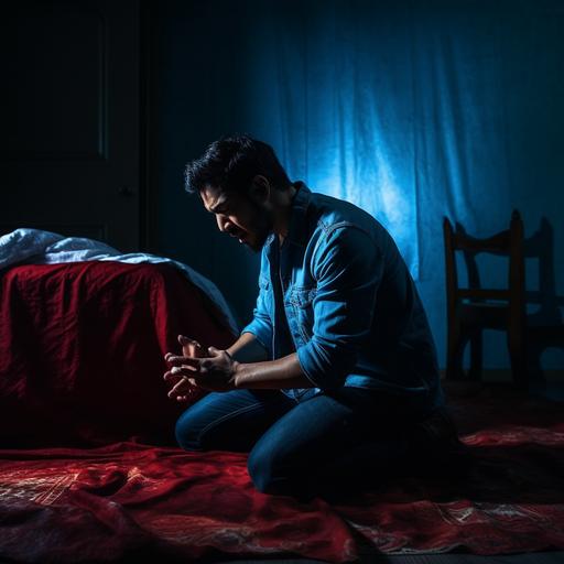 side view of a latino man kneeling on his knees on the floor praying with his elbows on his bed, crying hysterically, leaning against and facing his bed, dark cold blue light, high contrast, shape of a body underneath the sheets on the bed in front of him, red stains on the sheets, horror movie scene
