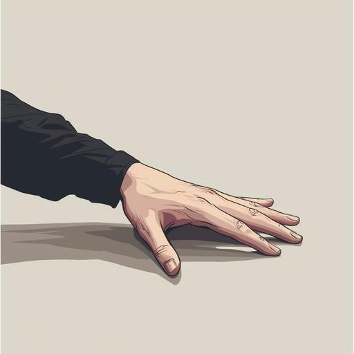 side view, of a man's hand late 20s extending his hand catcing something on the ground, black shirt, cartoon style, matte finish, soft colors, white background