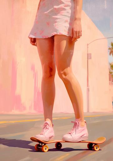 side view of a pink skate worn by a girl, girl is wearing long white socks and a cute pink short, flat illustration, smooth oil painting, 1960s palm springs, Sunny, summery day, extream close up on the brush strokes --ar 5:7 --v 5.1