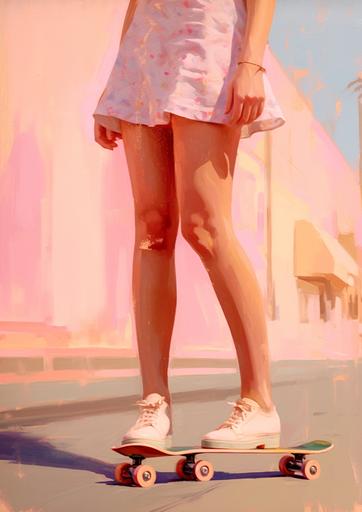side view of a pink skate worn by a girl, girl is wearing long white socks and a cute pink short, flat illustration, smooth oil painting, 1960s palm springs, Sunny, summery day, extream close up on the brush strokes --ar 5:7 --v 5.1