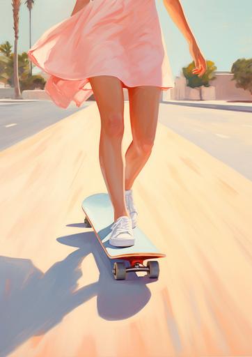 side view of a pink skateboard, girl is wearing long white socks and a cute pink short, flat illustration, smooth oil painting, 1960s palm springs, Sunny, summery day, extream close up on the brush strokes --ar 5:7