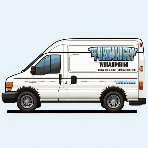 side view of a white cartoon work van for a plumber water filtration company, simple classic magnet for clients