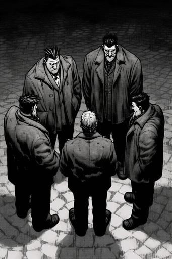 sidewalk chalk body outline, detectives at a crime scene, neo noir, frank millers sin city, manga, graphic novel, comic book art, --ar 2:3 --c 55 --s 333 --w 0 --niji 5