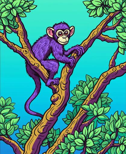 Monkey climbing on the tree, cartoon style, thick lines, vivid color --ar 9:11