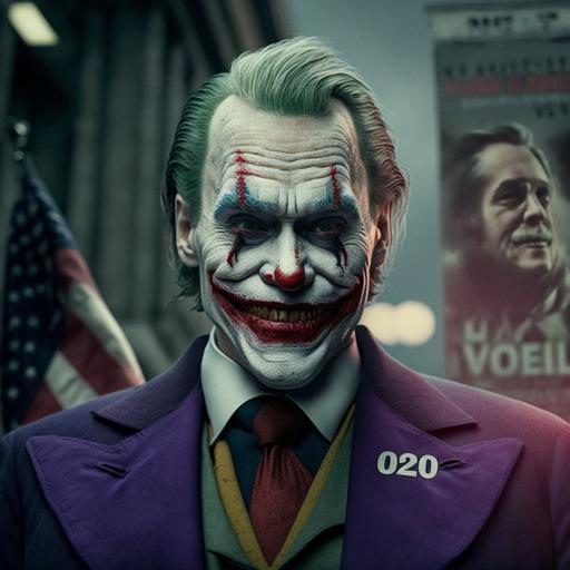 hyper real, photographic Presidential poster for 2024 of The Joker for President
