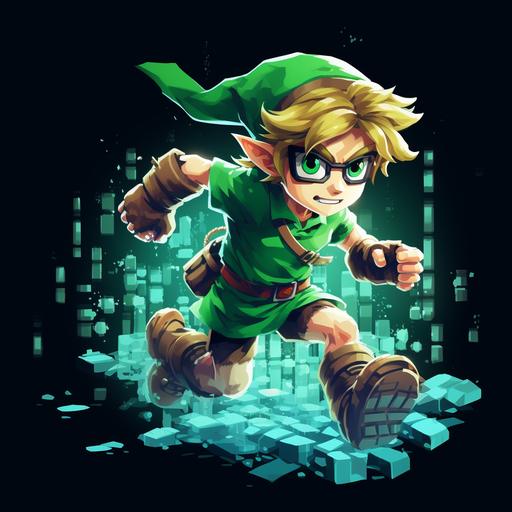 Link in The Legend of Zelda with glasses, running, pixelated. Pure background color.