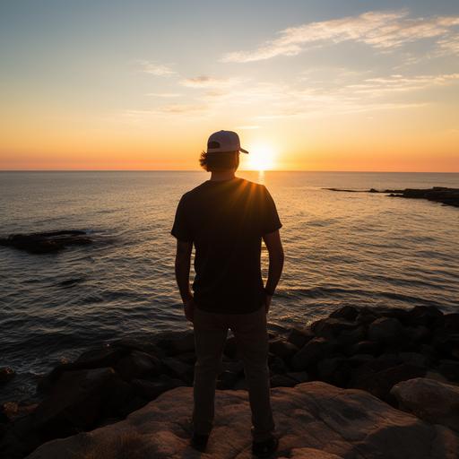 silhouette back of 38 year old man, backward cap, setting intentions on a cape cod cliff overlooking the Nantucket sound water glistening ultra high resolution 4k