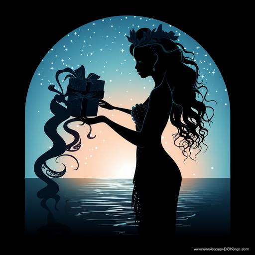 silhouette image of merlady holding a small ribbon wrapped gift box