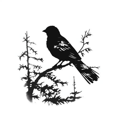 silhouette in black and white of a pine grosbeak on a pine tree as a logo on a white background