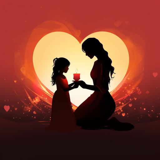 silhouette mother daughter holding a candle outlined with heart ribbon, light colors, painted, low detail, animated, painted