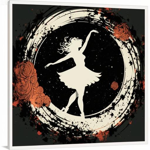 silhouette of a woman dancing with her arms up in a dancer's pose in outer space with spiral light waves that go from her feet to infinity, with red rose petals and white cartridge flowers
