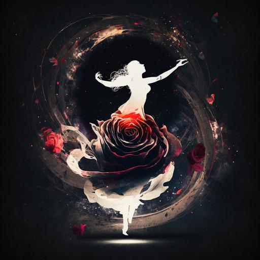 silhouette of a woman dancing with her arms up in a dancer's pose in outer space with spiral light waves that go from her feet to infinity, with red rose petals and white cartridge flowers