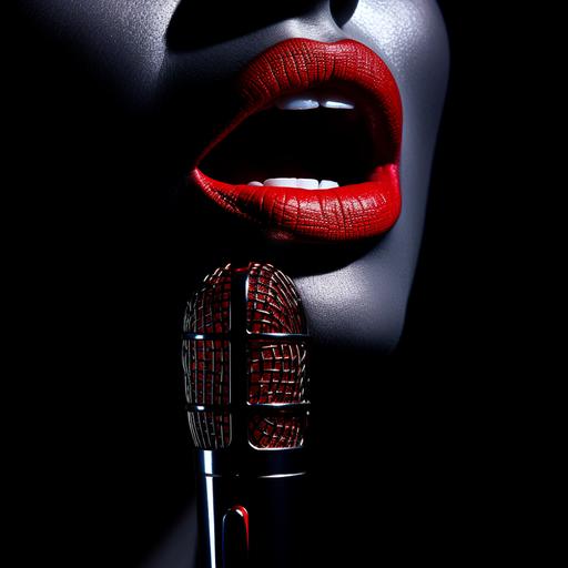 silhouette of bright red lips and microphone, black background