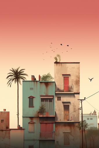 silhouette of four people are crossing the street in Pondicherry::beautiful french buildings in yellow, white and grey, pink bougainvillea flowers ::beautiful sky ::minimal clean illustration --ar 2:3