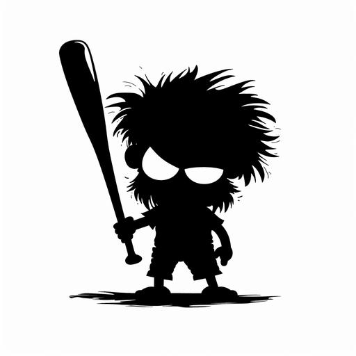 silhouette of muscular Chibi style cartoon character caveman, holding oversized baseball bat minimalist