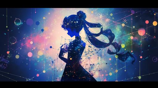 silhouette of sailor moon anime, with constellation map behind her --ar 16:9 --niji 5