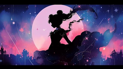 silhouette of sailor moon anime, with constellation map behind her --ar 16:9 --niji 5