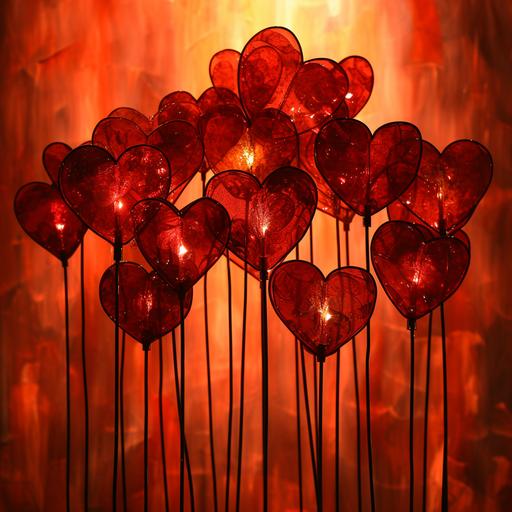 silhouetted many varied sized red hearts, fairy lights , incandescent plasma fiery background --v 6.0 --s 250