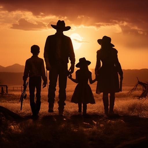 silhouettes of a dad, mom, 14 year old daughter, 7 year old son, in a western setting at sunset. All wearing cowboy hats and boots.
