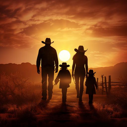silhouettes of a dad, mom, 14 year old daughter, 7 year old son, in a western setting at sunset. All wearing cowboy hats and boots.