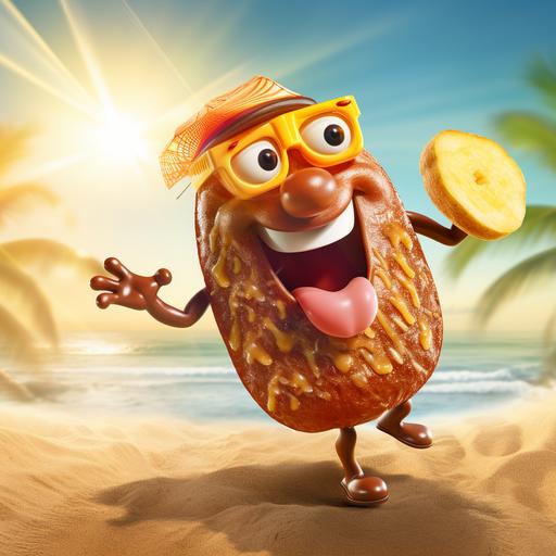 silly cartoon potato man surfing a wave of baked beans, smiling fried egg sun, happy, hawaii, 3D render, high resolution, vintage grade, saturated, glossy